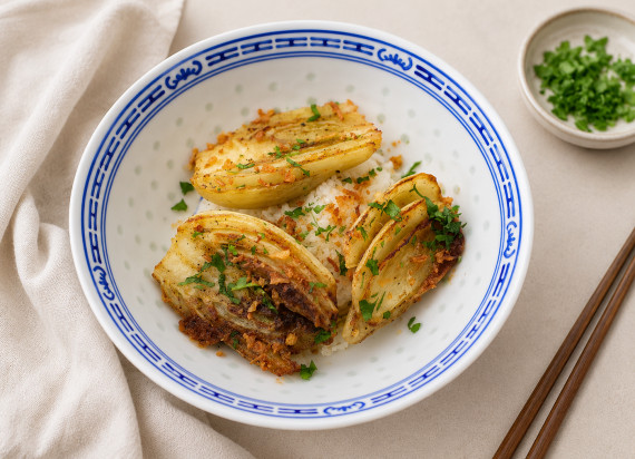 Congee met gekarameliseerde venkel