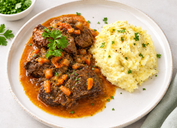 Stoverij van varkenswangen met aardappelpuree